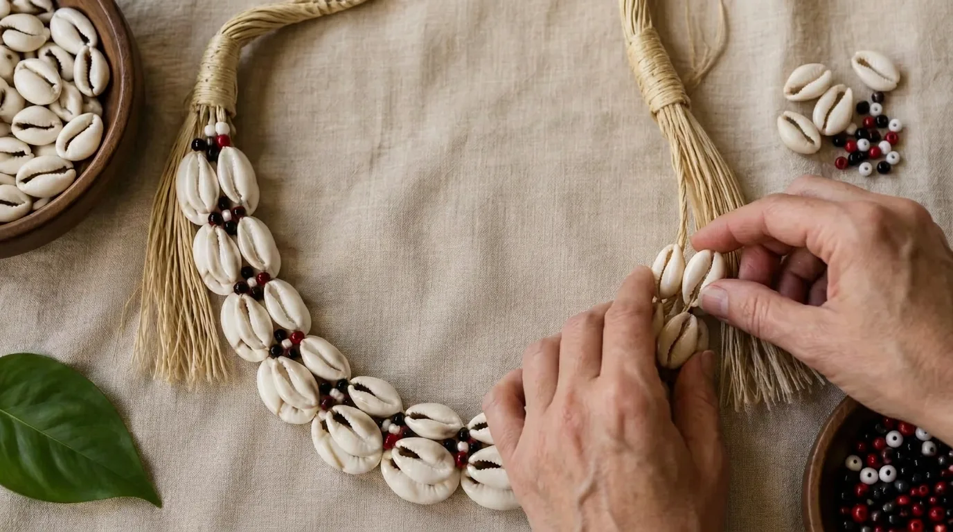 Mãos encaixando búzios num brajá de Omolu pela metade (imagem ilustrativa)