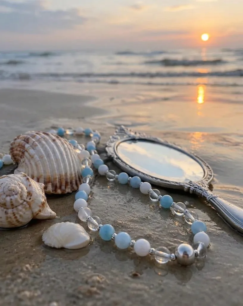 Conchas e espelho prateado na areia molhada ao amanhecer com guia azul-clara, branca e cristal (imagem ilustrativa)